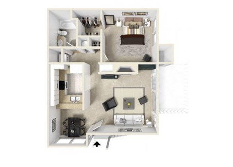 A 3D floor plan of a small apartment with a kitchen, living room, and bathroom.